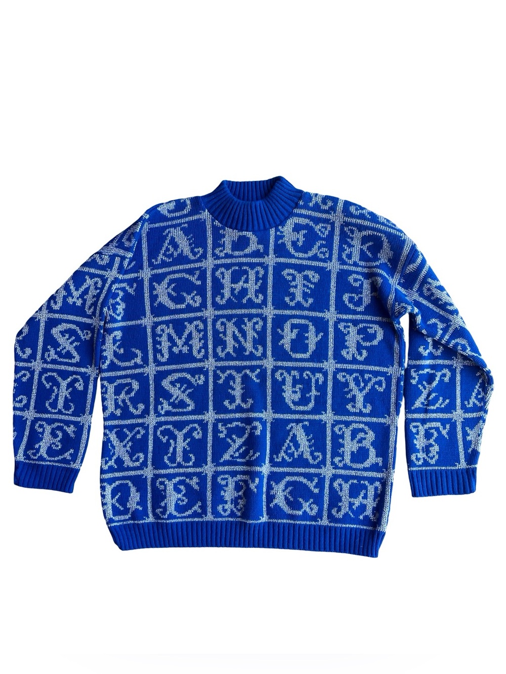 VTG‎ ADELE Knitwear 80s 90s Blue Silver Alphabet Kitschy Fun Sweater Teacher USA
